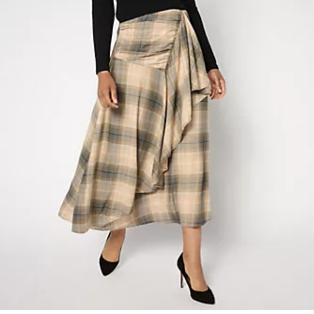 Plaid Midi Skirt with Draped Front - Beige